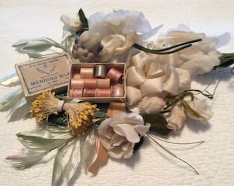 Vintage White Millinery Roses, Leaves, and Stamens collection. Mary's treasured Mini Thread in a box and China Doll Head.