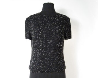 Late 1980s Early 1990s Adrianna Papell Black and Crystal Clear Beaded Short Sleeve Top - Zipper Closure - Size 12 - Silk