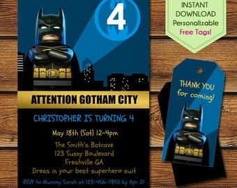Lego Batman Invitations + Free Batman Thank You Tags, Lego Batman Birthday, Lego Batman Party, Lego Birthday Invitation, Lego Batman Movie