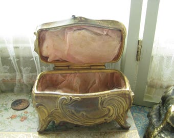 Antique Shabby Art Nouveou Gold Gilt Cast Bronze Jewelry Casket Pink Silk Lined