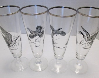 Federal Glass - Large Tall Pilsner Glasses - Game Birds with Silver Rims - Set of 4 (3 Sets Available)