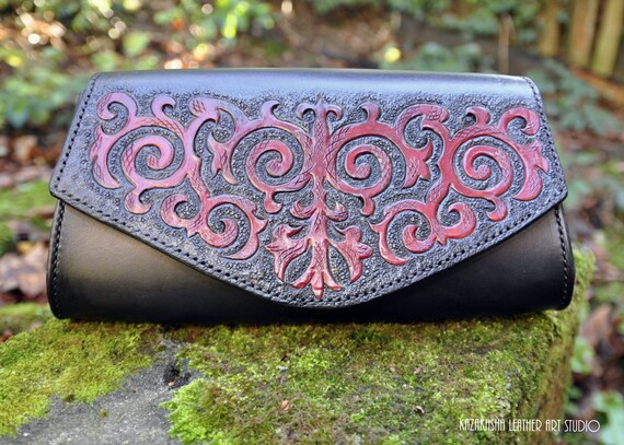 Handmade leather clutch Ainur Red on Black