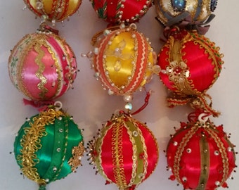 1970's Christmas Tree Decorations ModVintage Jeweled Satin Ornaments Set of 9 Decorative Hand Decorated Sequin Xmas Ornaments