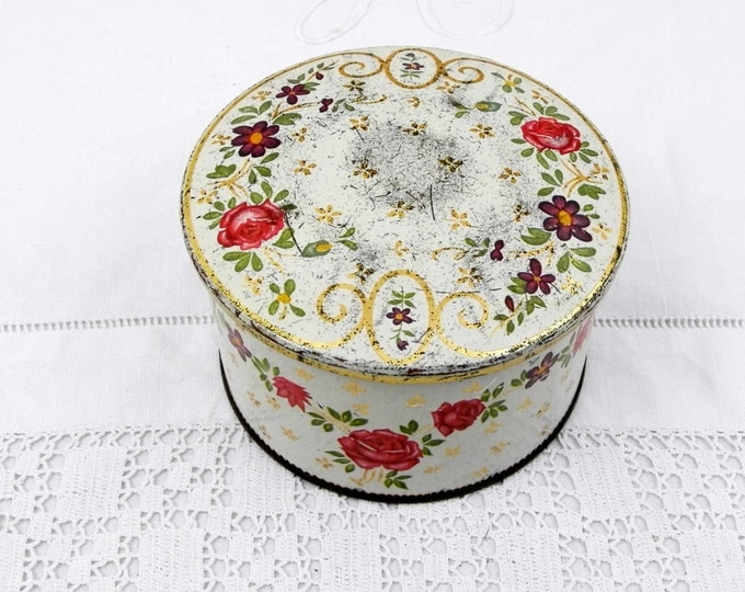 Antique French Metal Tin with Rose Floral Pattern/ Motif, Retro Vintage Shabby Romantic Home Decor, Country Cottage Boudoir Flower Box