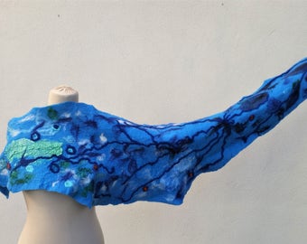 Colorful Blue nuno felted wool scarf in boho style from merino wool, Great lightweight summer shawl as gift for wife, Felted scarf cape