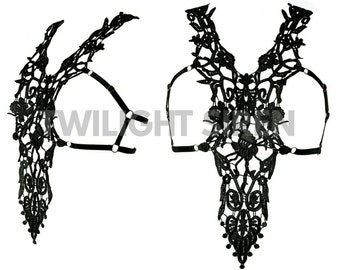 LACE BODY harness lingerie- Mimi Lace harness and adjustable elastic strap cage frame bra,top (Size Made to order) Goth, bondage, valentines