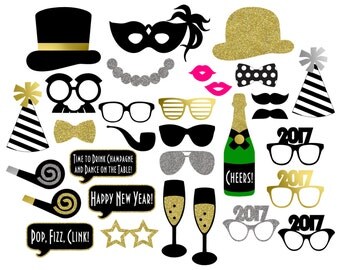 2017 New Year's Photo Booth Props . Printable . Instant Download . DIY . Black, Gold Glitter, Silver Glitter . New Year's Eve Party