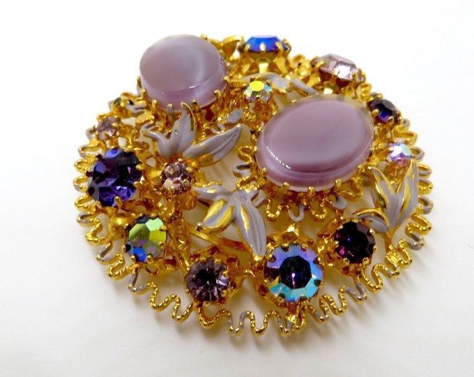 Vintage Givre Glass Rhinestone Brooch, Filigree Rhinestone Pin, Made In Austria Lavender Givre Glass, Enamel Leaves