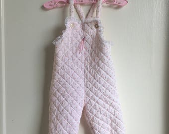 VTG Baby Girl Quilted Rosebud Overalls Pink Sz 6-9M Lace