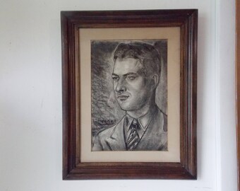 Vintage Male Portrait Charcoal Drawing of Handsome Young Man in Suit Signed Henri