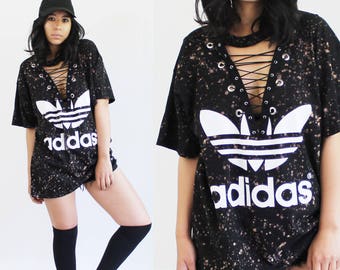 Adidas T-shirt Dress, Adidas Lace Up T-shirt, Acid Wash Adidas, Lace Up Adidas Tee, Streetwear Logo Tee, Vintage Inspired Lace Up Tee