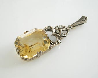 Art deco Yellow Stone Marcasites Silver Pendant - Art Deco Jewelry - Antique Pendant - Vintage Jewelry