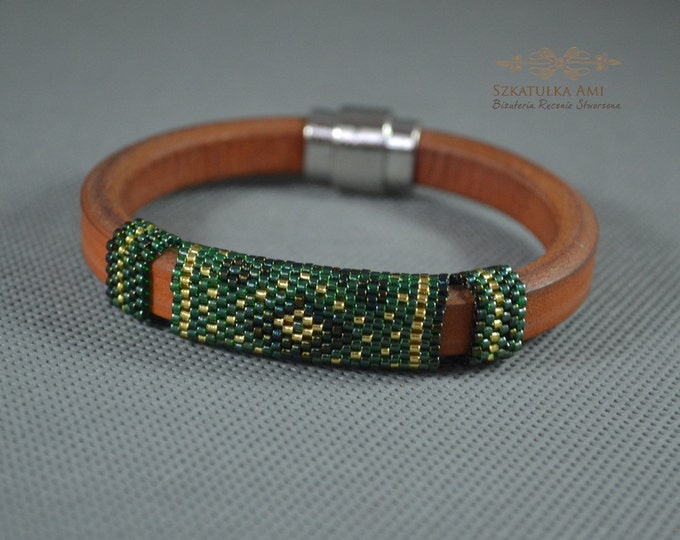 Green Brown Men's braided bracelet strap bracelet for men men's black bracelet men's leather bracelet gift for him male model claps magnetic