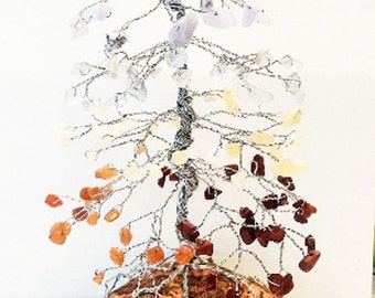 Chakra Pine Gem Tree, Silver Wire Wrapping on Rock Base, Handmade Tree of Life Sculpture