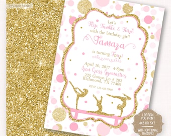 Gymnastic Birthday Invitation, Pink and Gold Polka Dot Gymnastic Invitation, Twirl, Tumble- YOU PRINT