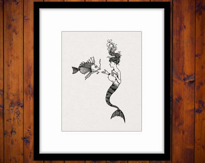 Digital Mermaid Image Graphic Mermaid and Fish Printable Illustration Download Antique Clip Art Jpg Png Eps HQ 300dpi No.3800