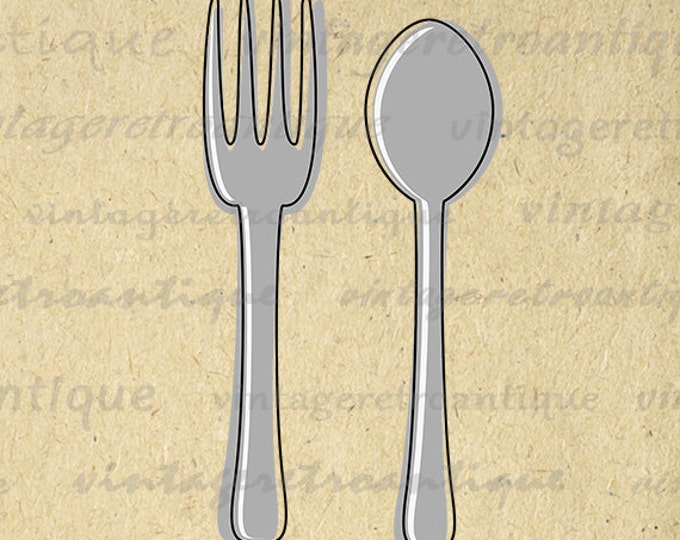 Printable Digital Retro Style Silverware Illustration Graphic Download Fork and Spoon Image Vintage Clip Art HQ 300dpi No.3986