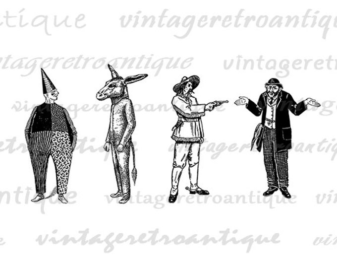 Printable Graphic Antique Figures People Clown Rabbit Cowboy Download Digital Image Artwork Vintage Clip Art Jpg Png HQ 300dpi No.1735