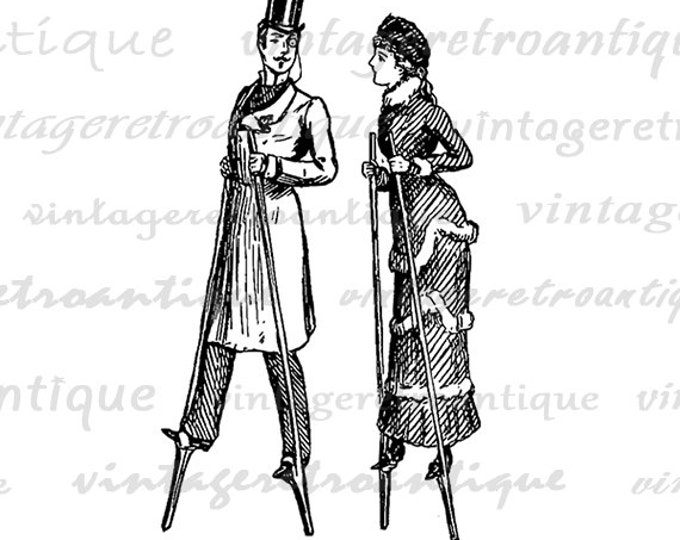 Antique Man and Woman on Stilts Digital Image Download Illustration Printable Graphic Artwork Vintage Clip Art HQ 300dpi No.1705