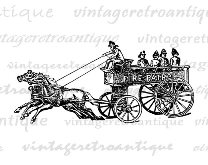 Digital Graphic Antique Fire Engine Download Horse Carriage Firemen Image Printable Artwork HQ 300dpi No.1790