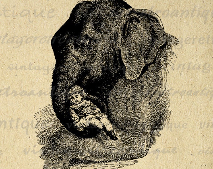 Printable Graphic Elephant with Girl Image Illustration Download Digital Antique Clip Art Jpg Png Eps HQ 300dpi No.3333