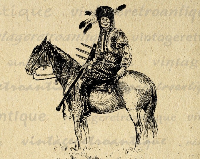 Native American Indian on Horseback Digital Graphic Image Download Printable Vintage Clip Art Jpg Png Eps HQ 300dpi No.3354