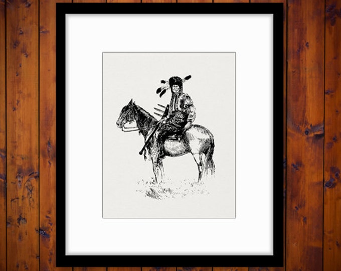 Native American Indian on Horseback Digital Graphic Image Download Printable Vintage Clip Art Jpg Png Eps HQ 300dpi No.3354