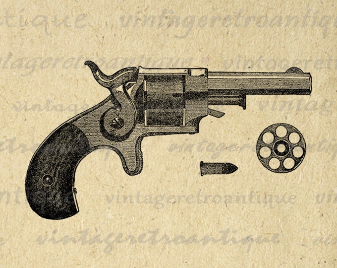 Antique Pistol Revolver Gun Image Printable Digital Download Graphic Vintage Clip Art Jpg Png Eps HQ 300dpi No.4081