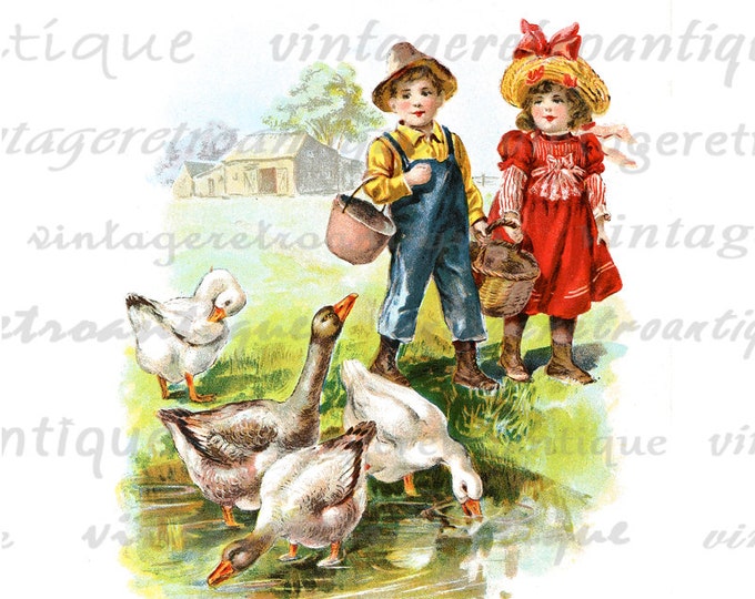 Digital Image Children Feeding Ducks Graphic Download Printable Illustration HQ 300dpi No.2083