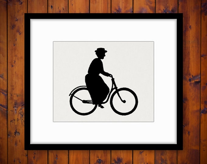 Lady Riding Bicycle Silhouette Printable Image Graphic Woman on Bike Download Digital Artwork Vintage Clip Art HQ 300dpi No.3241