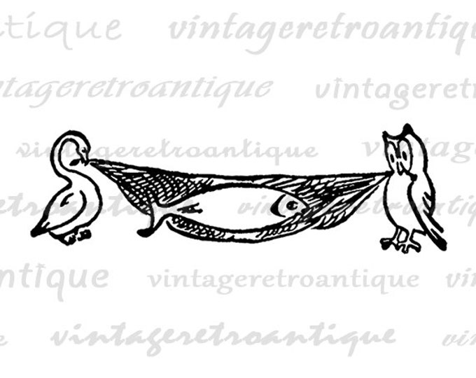 Printable Goose and Owl with Fish Graphic Download Image Digital Vintage Clip Art for Transfers Making Prints etc HQ 300dpi No.2870