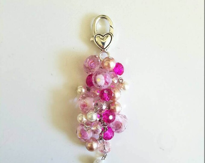 Pink White Rose Glass Beaded Heart Lobster Hook Keychain