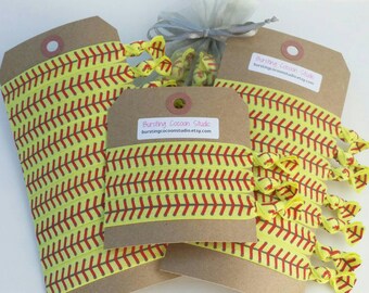 softball hair ties, set of hairties, FOE knot elastic ponytail holders, yellow with red stitches print, fastpitch yellow sports