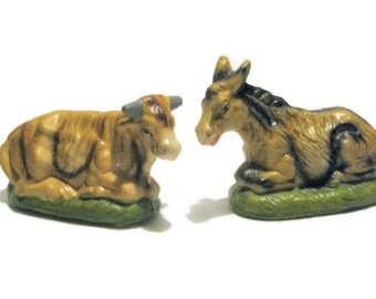 Vintage Nativity Cow Bull Donkey Figurine Ceramic Papier Mache Composition Figure Christmas Holiday Decoration