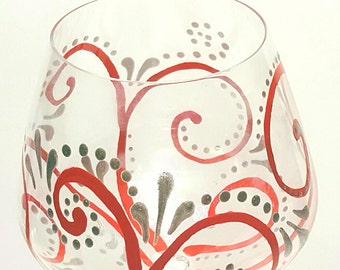 Two Red & silver swirl hand painted wine glasses, decorated wine glasses, red wine glasses, Lenox wine glasses, high quality wine glass
