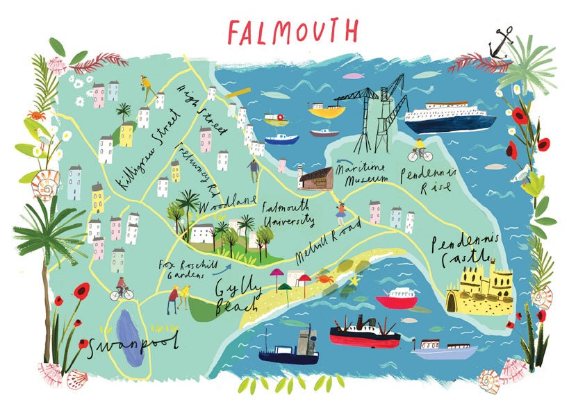 Illustrated A4 Map of Falmouth Cornwall UK.