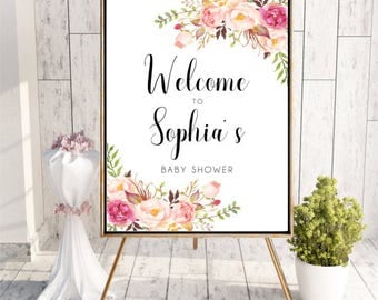 Welcome to Baby Shower sign, Boho Printable Digital, Personalized Floral Baby Shower Sign, Watercolor flowers Peach Boho DIGITAL FILES, BS12