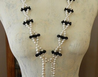 Vintage Pearl Beaded Tassel Necklace, Black And White Faux Pearl Beaded Long Necklace