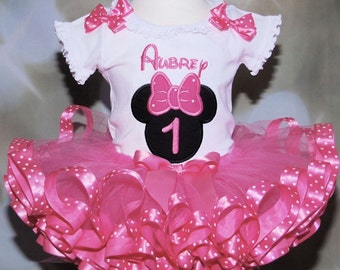 1st birthday girl outfit, minnie mouse birthday tutu set, cake smash tutu outfit, birthday outfit girl, baby birthday outfit, ribbon trim