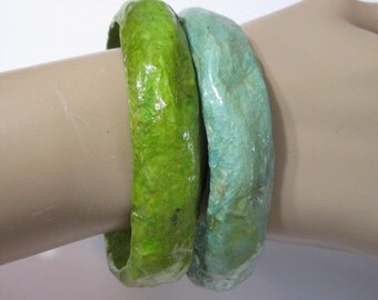 Seafoam and Spring Green Lot of Two Plastic Molded Mache' Composition Bumpy Light Bangle Bracelets Pair