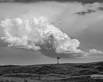 Black-and-White Art, Windmill On Hill, Landscape Nebraska, Cloud Black-And-White, Nature Nebraska, Fine Art Nebraska, Windmill Picture