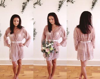 HELENA II - Kimono -Wedding day lingerie, Blush Pink Guipiere lace, Getting Ready, honeymoon, gift, bridal shower, trousseau