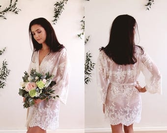 HELENA II - Kimono - Wedding day lingerie, Ivory Guipiere lace, Getting Ready, honeymoon, gift, bridal shower, trousseau, petite