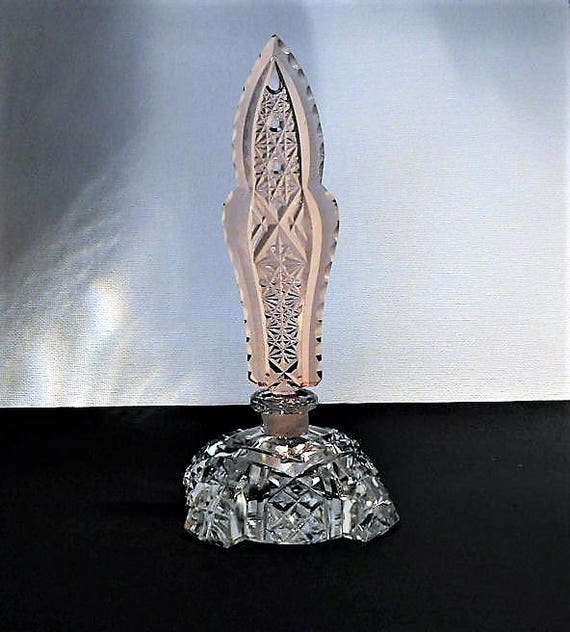 Czech Perfume Bottle Art Deco 1920s 1930s Cut Pink Rosaline Crystal Glass Made Czechoslovakia Antique Vintage Vanity Cologne Bohemian