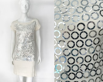 The Insurgent Ivory Infinity Vintage 90s Dress Silver Circle Sequins Silky Shift Slinky Rayon XS S Women’s Cocktail Dress, Embellished