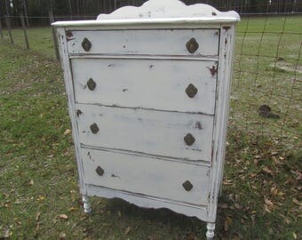 Antique Chest Of Drawers, Shabby Chic dresser, shabby chic furniture, white dresser, farmhouse decor, solid wood, brass hardware