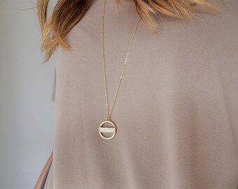 Gold Circle Necklace | Modern Necklace Long Pendant Necklace Gold and White Opal Necklace Boho Necklace Simple Necklace Circle Charm