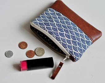 Recycled Brown Leather Coin Purse, Card Pouch, Zipped Wallet, Small Purse, Accessory Purse, Zipped Bag, Japanese Blue Wave, Navy Purse