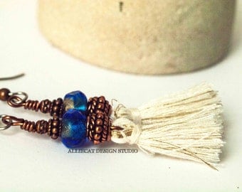 Bohemian Earrings | Boho Earrings | Gypsy Blue White Tassel Earrings | NEW