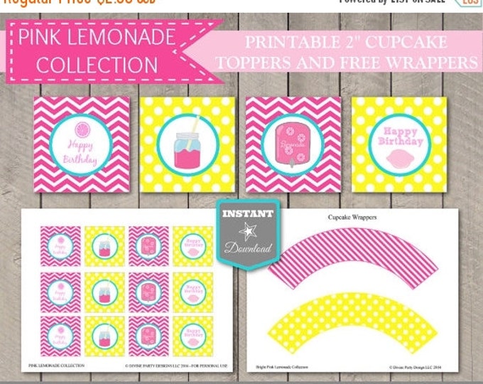 SALE INSTANT DOWNLOAD Pink Lemonade 2 Inch Square Cupcake Toppers / Diy Printables / Bright Pink Lemonade Collection / Item #424